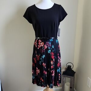 Elle Black Midi Dress with Floral Pleated Skirt Size Petite Large